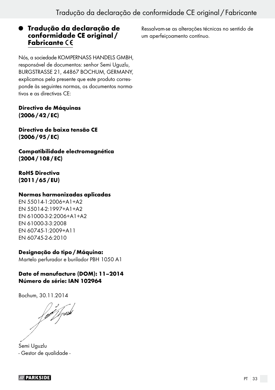 Garantia / eliminação | Parkside PBH 1050 A1 User Manual | Page 33 / 52