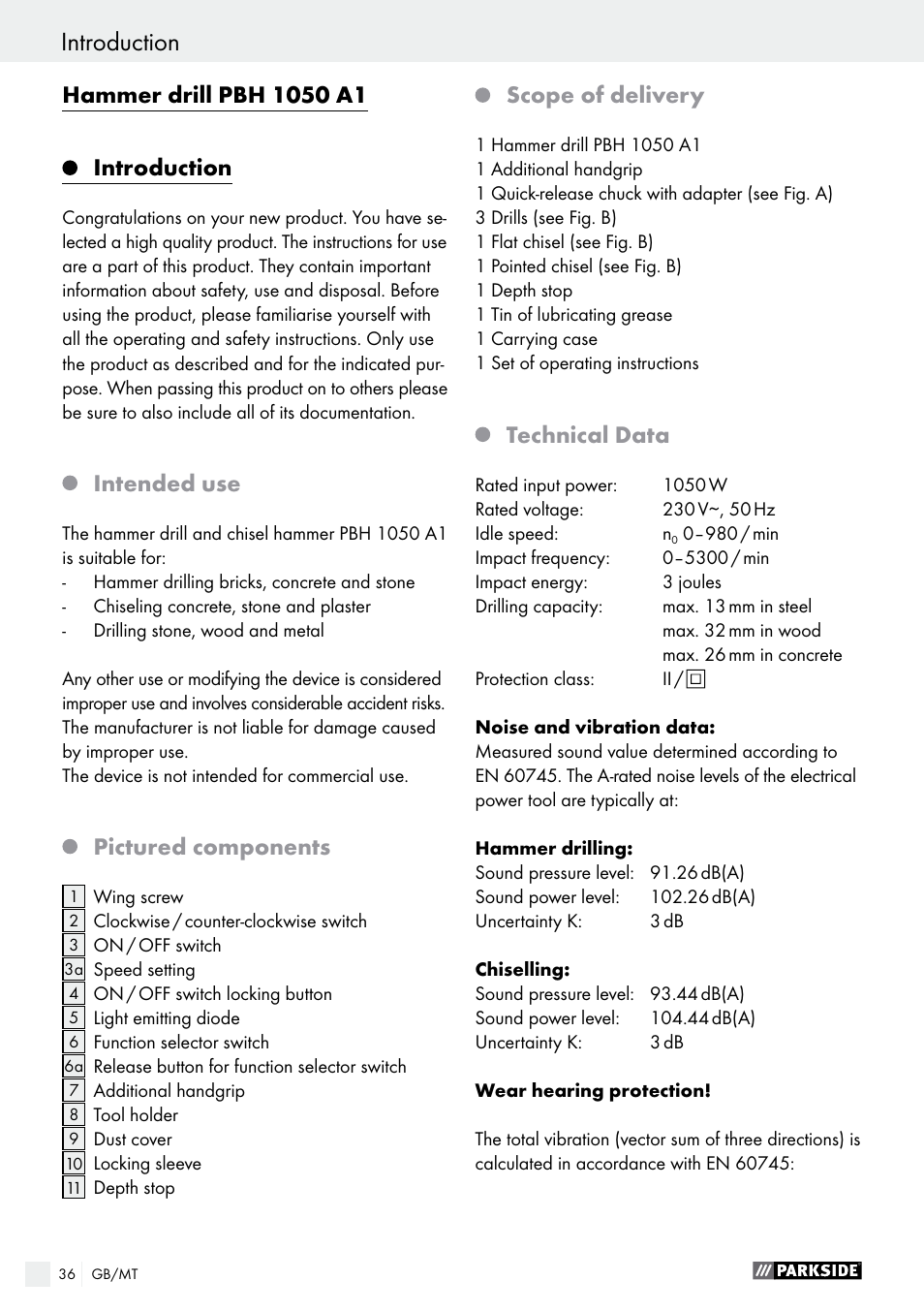 Introduction, Introduction / general power tool safety warnings, Intended use | Pictured components, Scope of delivery, Technical data | Parkside PBH 1050 A1 User Manual | Page 36 / 52