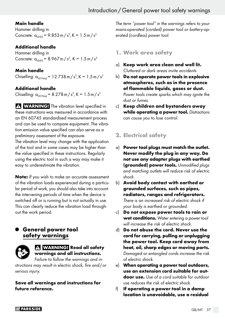 General power tool safety warnings, Work area safety, Electrical safety | Parkside PBH 1050 A1 User Manual | Page 37 / 52