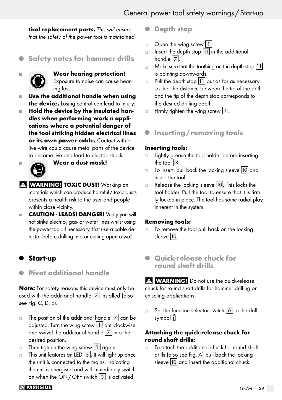 General power tool safety warnings, General power tool safety warnings / start-up, Start-up | Pivot additional handle, Depth stop, Inserting / removing tools, Quick-release chuck for round shaft drills | Parkside PBH 1050 A1 User Manual | Page 39 / 52