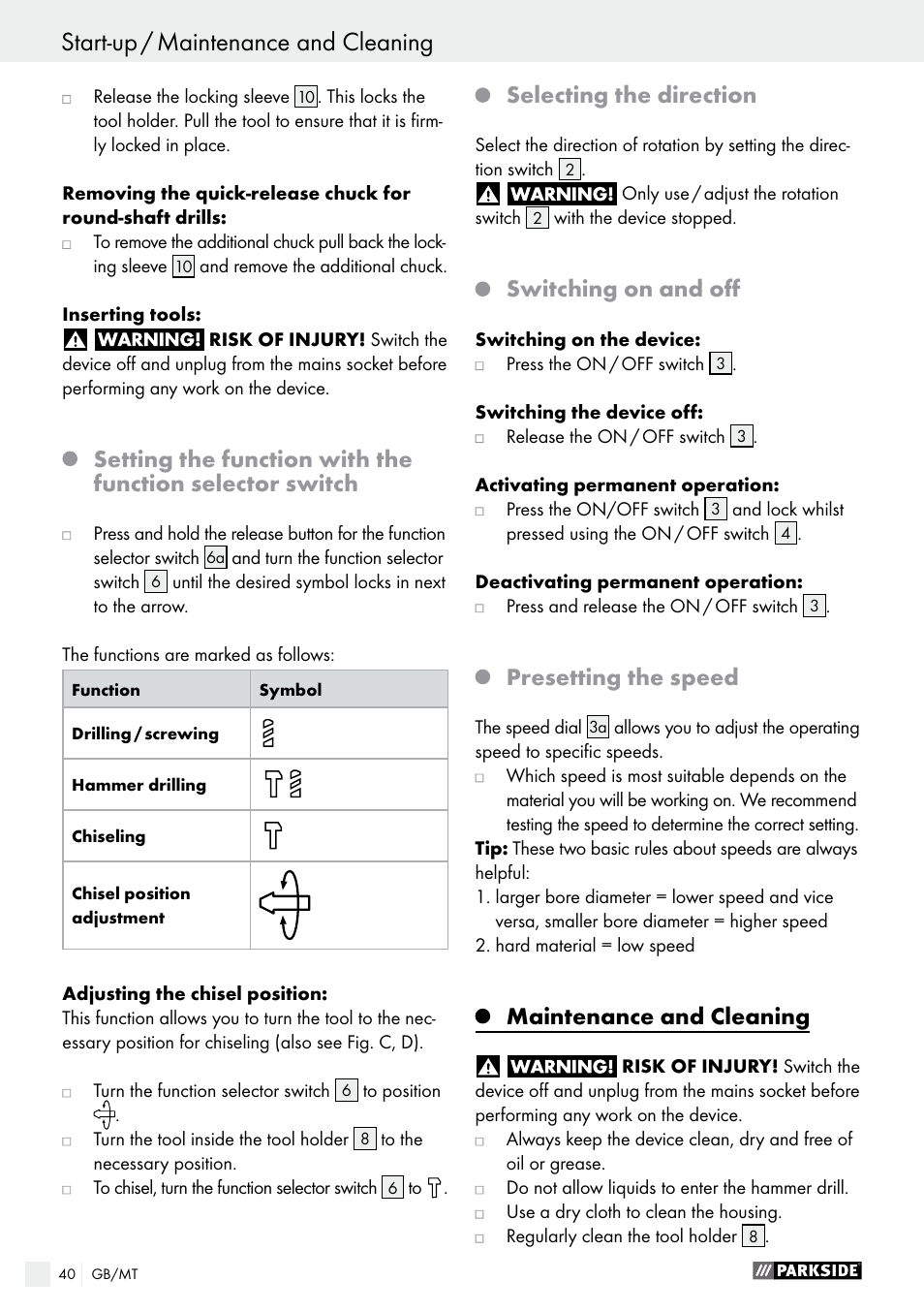 Start-up / maintenance and cleaning, Selecting the direction, Switching on and off | Presetting the speed, Maintenance and cleaning | Parkside PBH 1050 A1 User Manual | Page 40 / 52