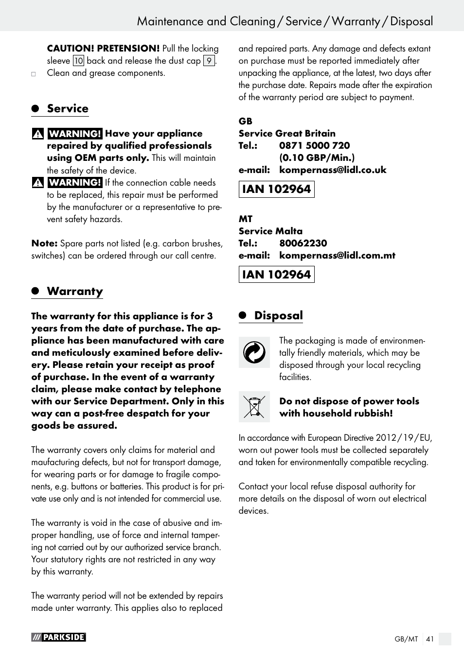 Service, Warranty, Disposal | Parkside PBH 1050 A1 User Manual | Page 41 / 52