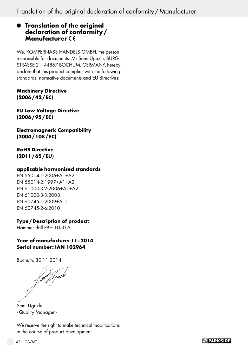 Parkside PBH 1050 A1 User Manual | Page 42 / 52