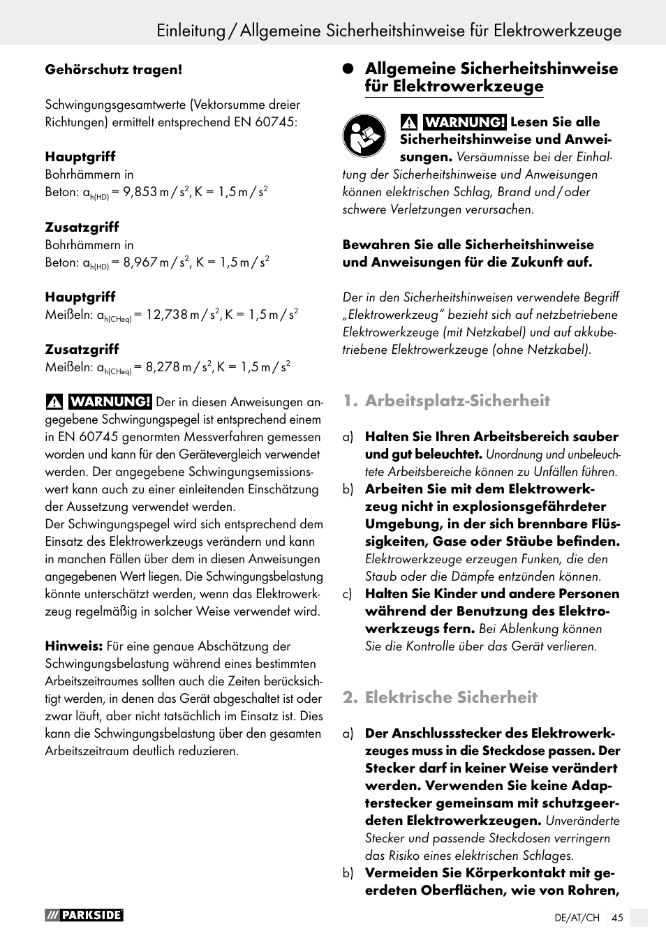 Arbeitsplatz-sicherheit, Elektrische sicherheit | Parkside PBH 1050 A1 User Manual | Page 45 / 52