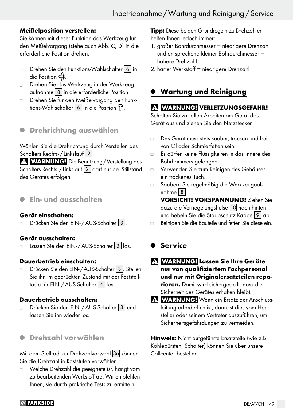 Inbetriebnahme / wartung und reinigung / service, Drehrichtung auswählen, Ein- und ausschalten | Drehzahl vorwählen, Wartung und reinigung, Service | Parkside PBH 1050 A1 User Manual | Page 49 / 52