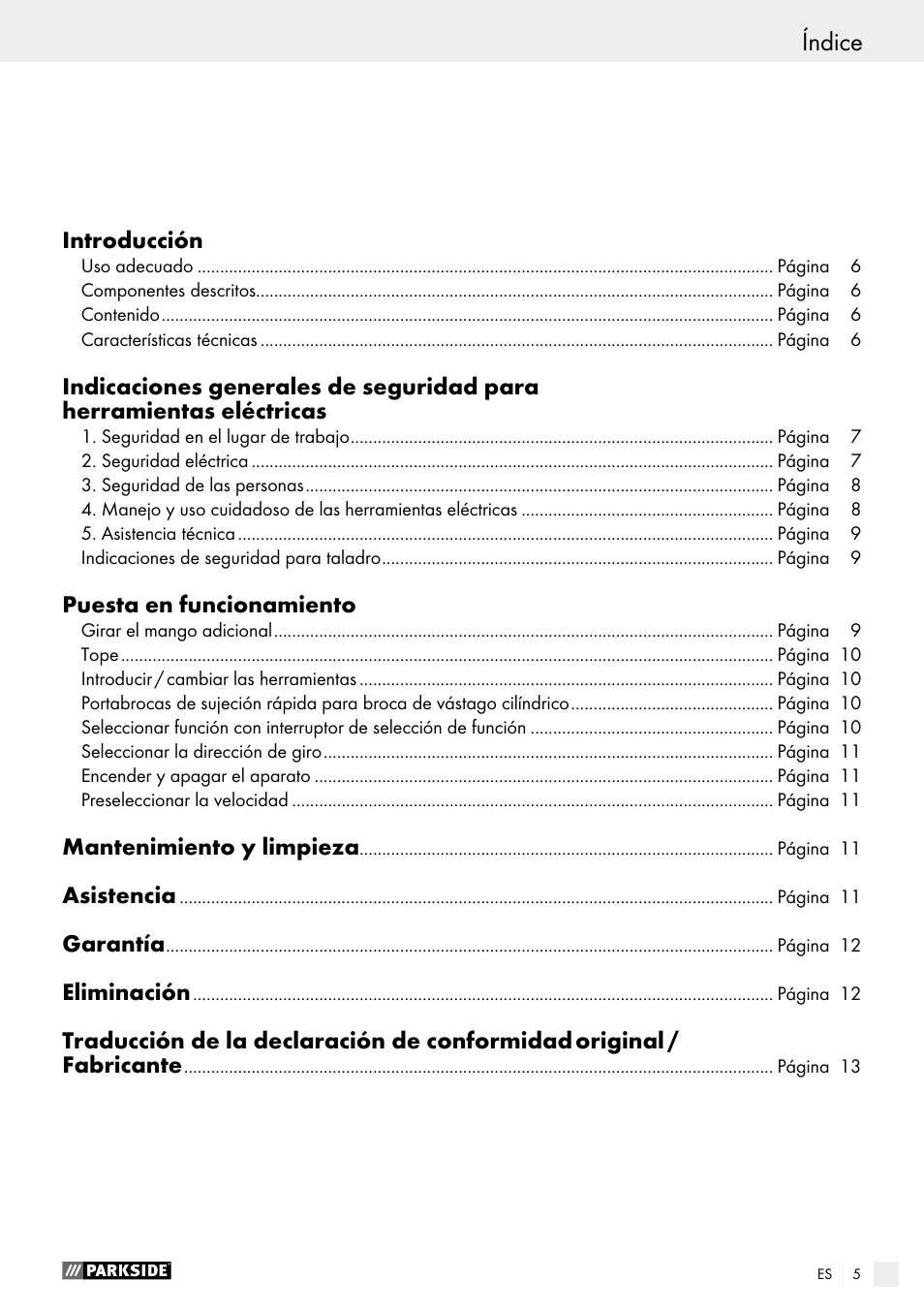 Índice | Parkside PBH 1050 A1 User Manual | Page 5 / 52