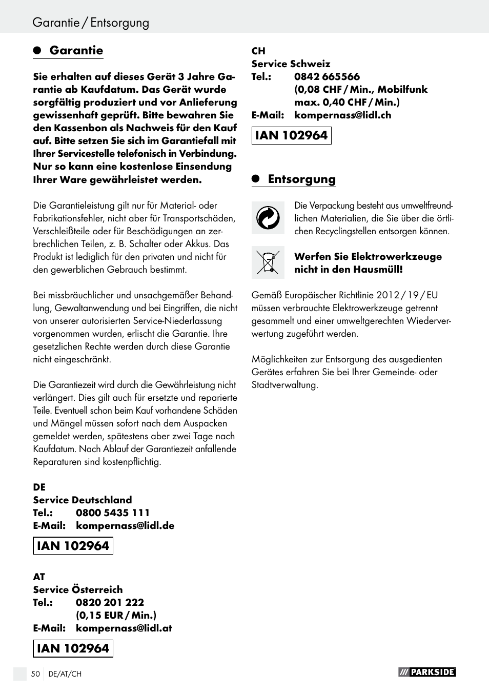 Garantie / entsorgung, Original-eg-konformitätserklärung / hersteller | Parkside PBH 1050 A1 User Manual | Page 50 / 52