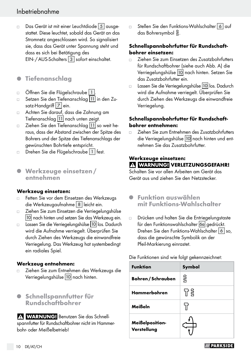 Tiefenanschlag, Werkzeuge einsetzen / entnehmen, Schnellspannfutter für rundschaftbohrer | Funktion auswählen mit funktions-wahlschalter | Parkside PBH 1050 A1 User Manual | Page 10 / 43
