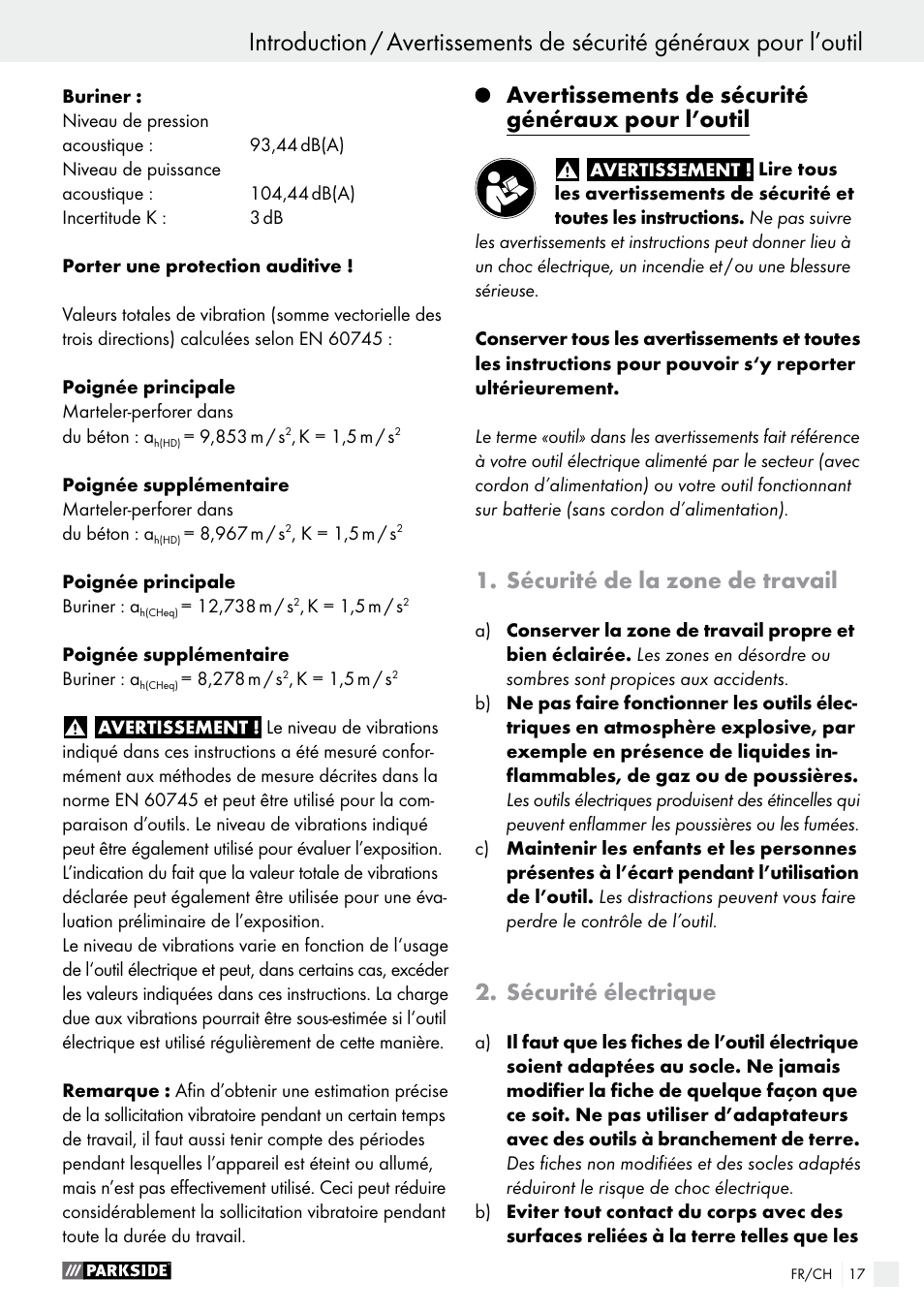 Avertissements de sécurité généraux pour l’outil, Sécurité de la zone de travail, Sécurité électrique | Parkside PBH 1050 A1 User Manual | Page 17 / 43