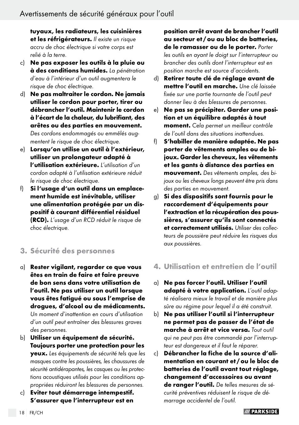 Sécurité des personnes, Utilisation et entretien de l’outil | Parkside PBH 1050 A1 User Manual | Page 18 / 43