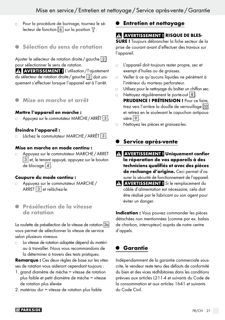 Sélection du sens de rotation, Mise en marche et arrêt, Présélection de la vitesse de rotation | Entretien et nettoyage, Service après-vente, Garantie | Parkside PBH 1050 A1 User Manual | Page 21 / 43