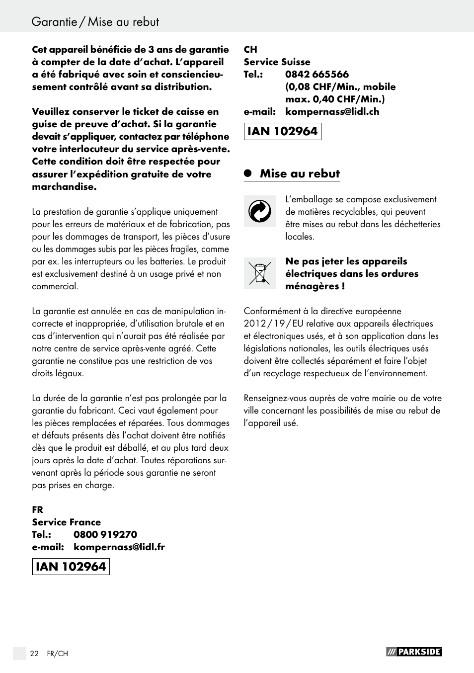 Garantie / mise au rebut | Parkside PBH 1050 A1 User Manual | Page 22 / 43