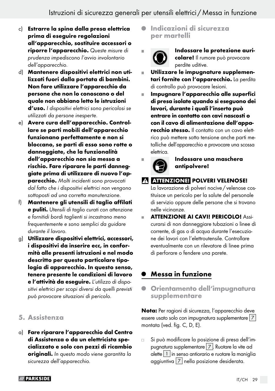 Assistenza, Indicazioni di sicurezza per martelli, Messa in funzione | Orientamento dell‘impugnatura supplementare | Parkside PBH 1050 A1 User Manual | Page 29 / 43