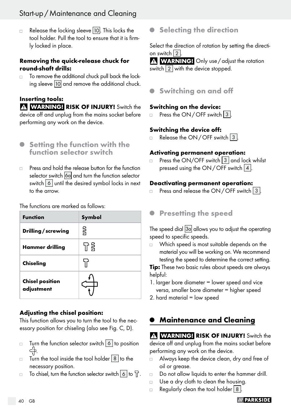 Start-up / maintenance and cleaning, Selecting the direction, Switching on and off | Presetting the speed, Maintenance and cleaning | Parkside PBH 1050 A1 User Manual | Page 40 / 43