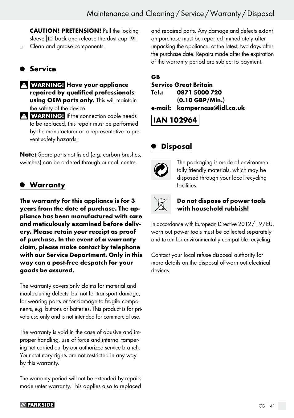 Service, Warranty, Disposal | Parkside PBH 1050 A1 User Manual | Page 41 / 43