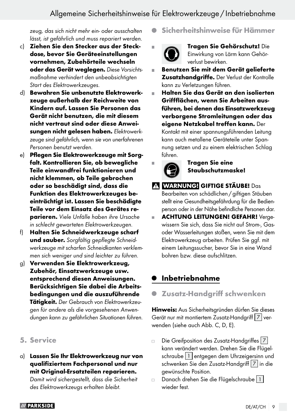 Service, Sicherheitshinweise für hämmer, Inbetriebnahme | Zusatz-handgriff schwenken | Parkside PBH 1050 A1 User Manual | Page 9 / 43