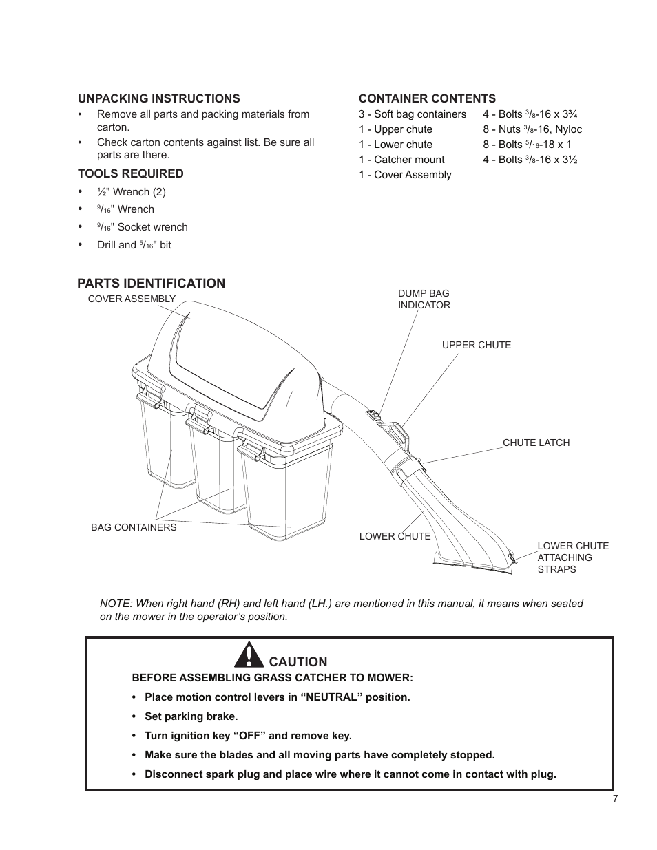 Container contents, Caution, Parts identification | Dixon 966 004201 User Manual | Page 6 / 18