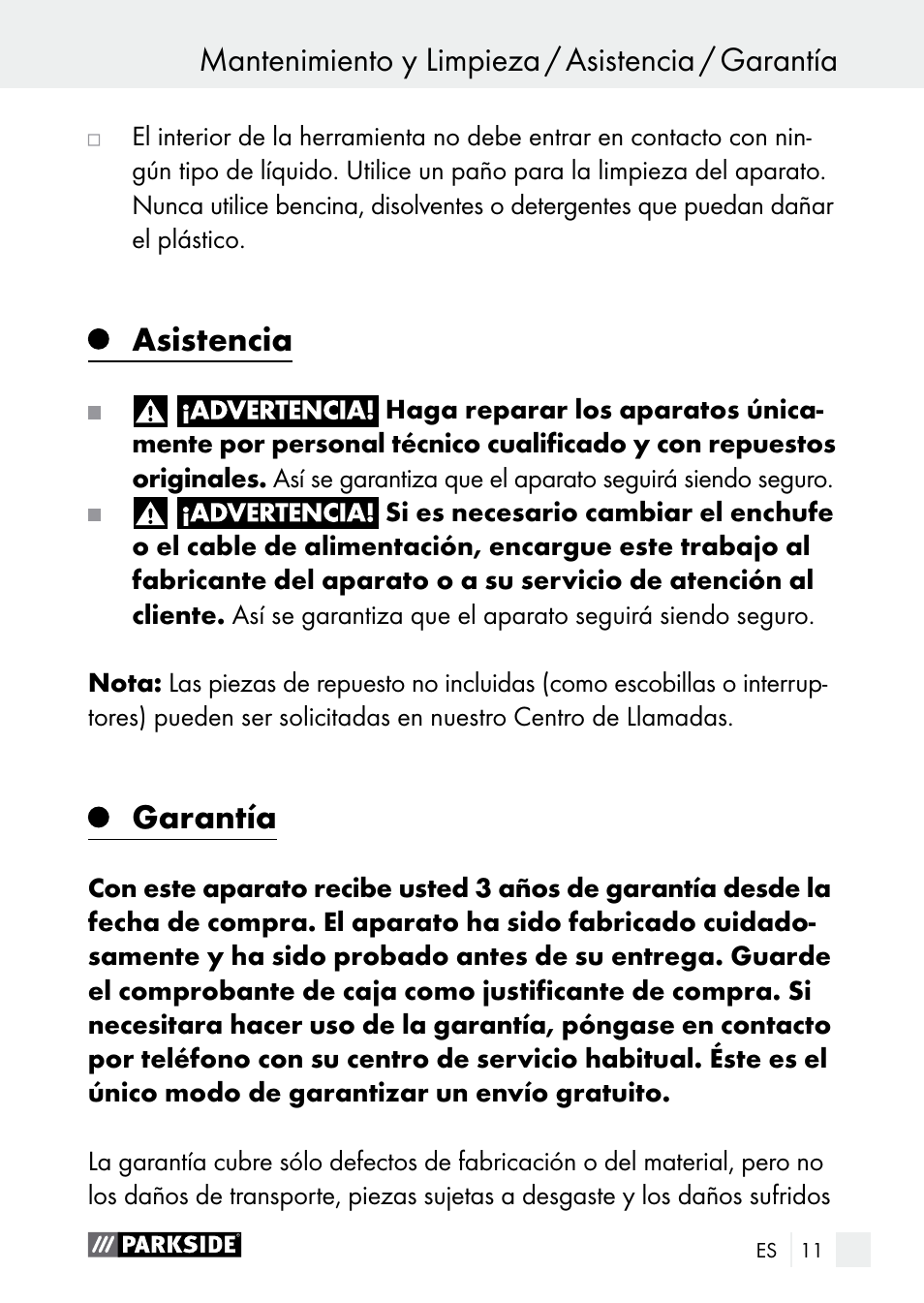 Mantenimiento y limpieza / asistencia / garantía, Asistencia, Garantía | Parkside PNKP 105 A1 User Manual | Page 11 / 56