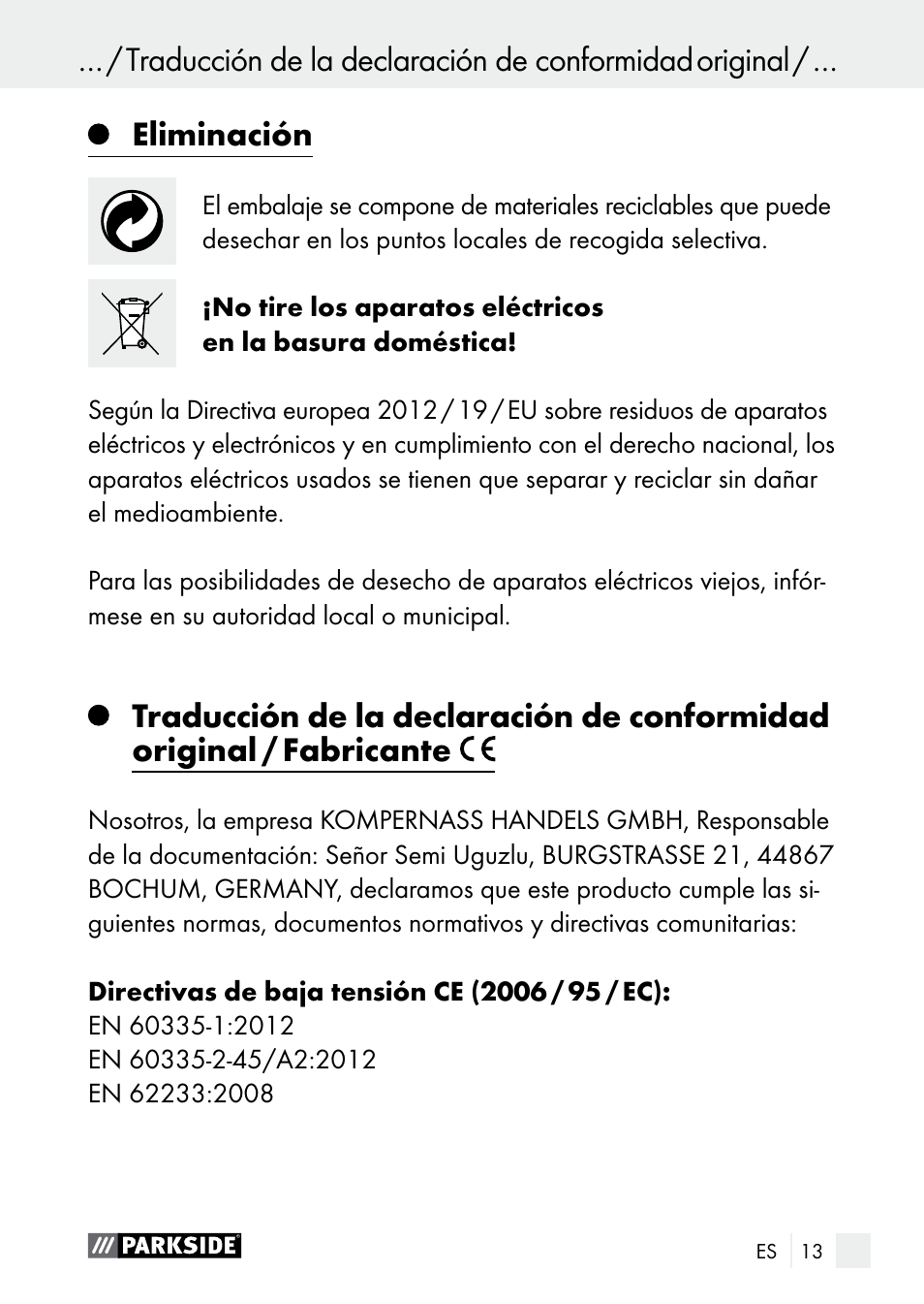 Eliminación, Garantía | Parkside PNKP 105 A1 User Manual | Page 13 / 56