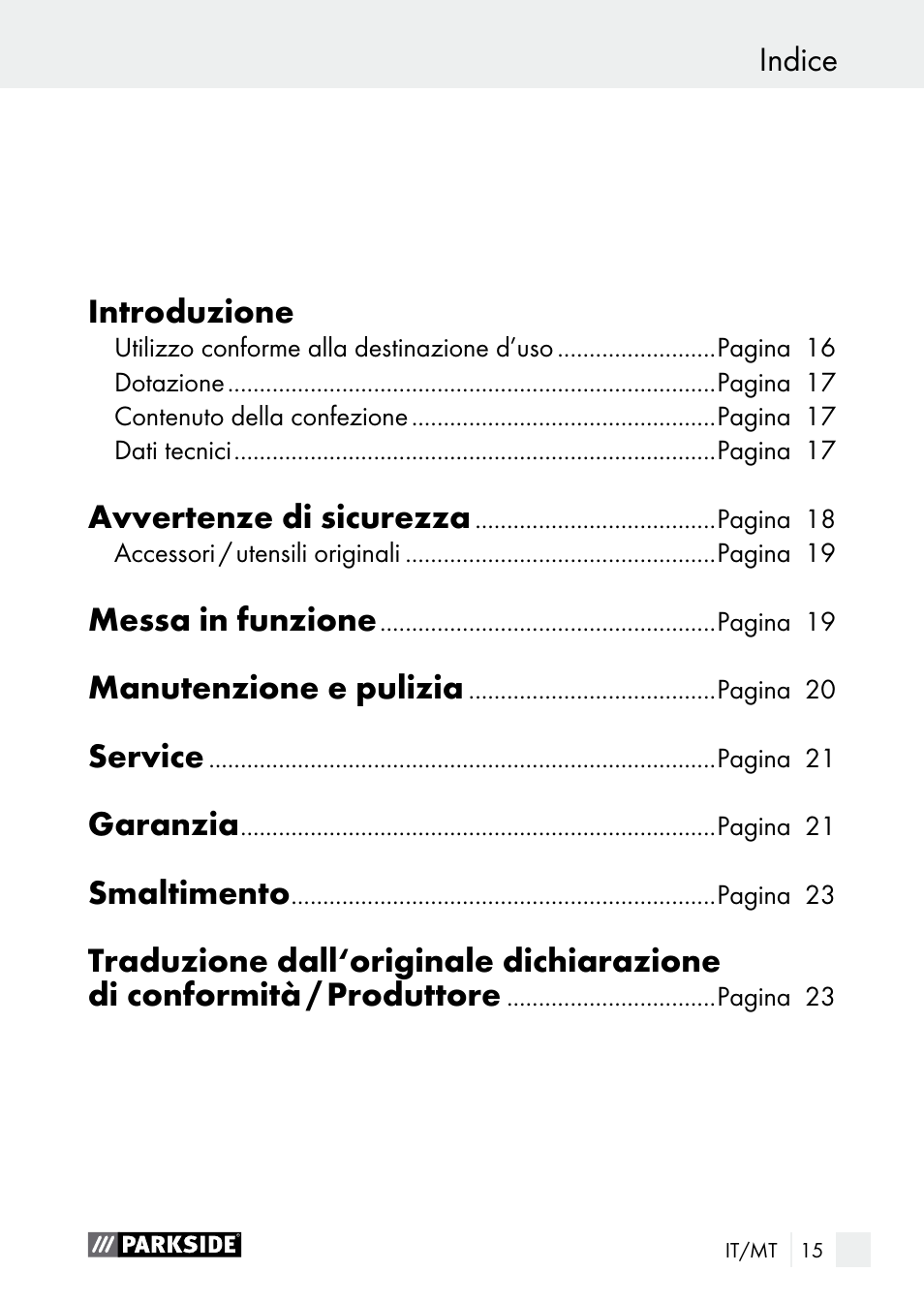 Avvertenze di sicurezza, Messa in funzione, Manutenzione e pulizia | Service, Garanzia, Smaltimento | Parkside PNKP 105 A1 User Manual | Page 15 / 56