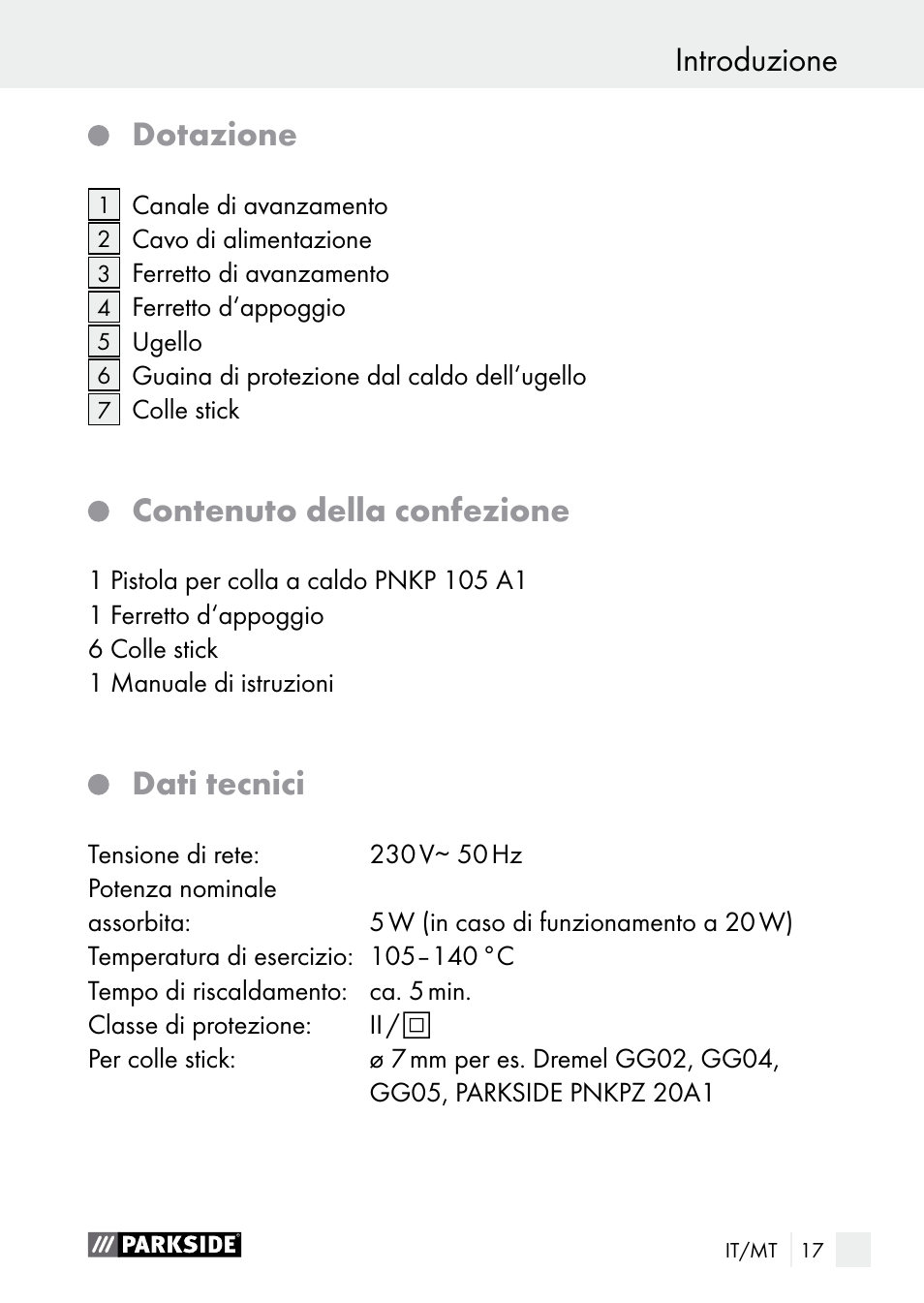 Introduzione dotazione, Contenuto della confezione, Dati tecnici | Introduzione | Parkside PNKP 105 A1 User Manual | Page 17 / 56