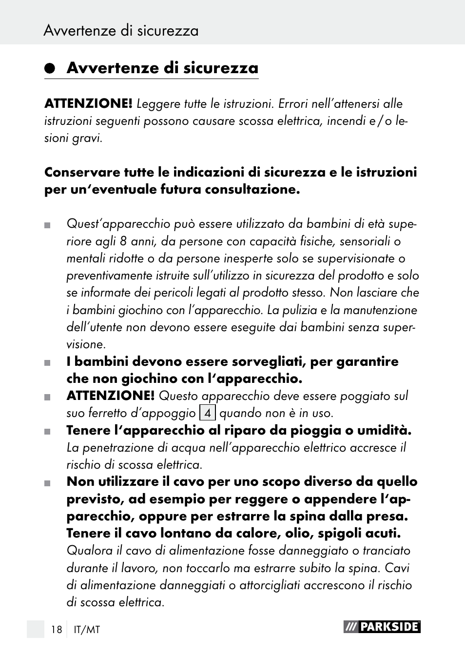 Avvertenze di sicurezza | Parkside PNKP 105 A1 User Manual | Page 18 / 56