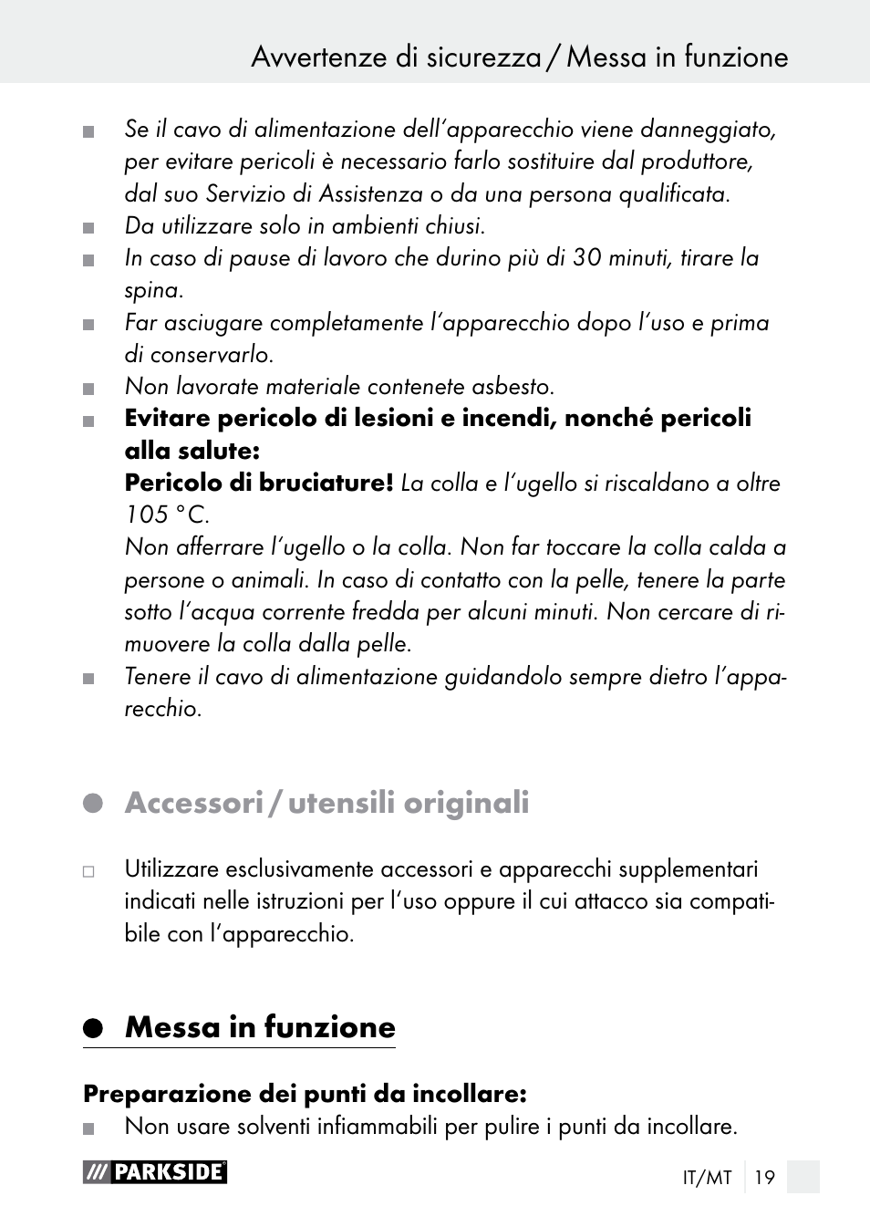 Accessori / utensili originali, Messa in funzione | Parkside PNKP 105 A1 User Manual | Page 19 / 56