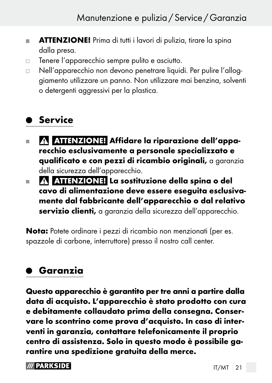 Service, Garanzia | Parkside PNKP 105 A1 User Manual | Page 21 / 56