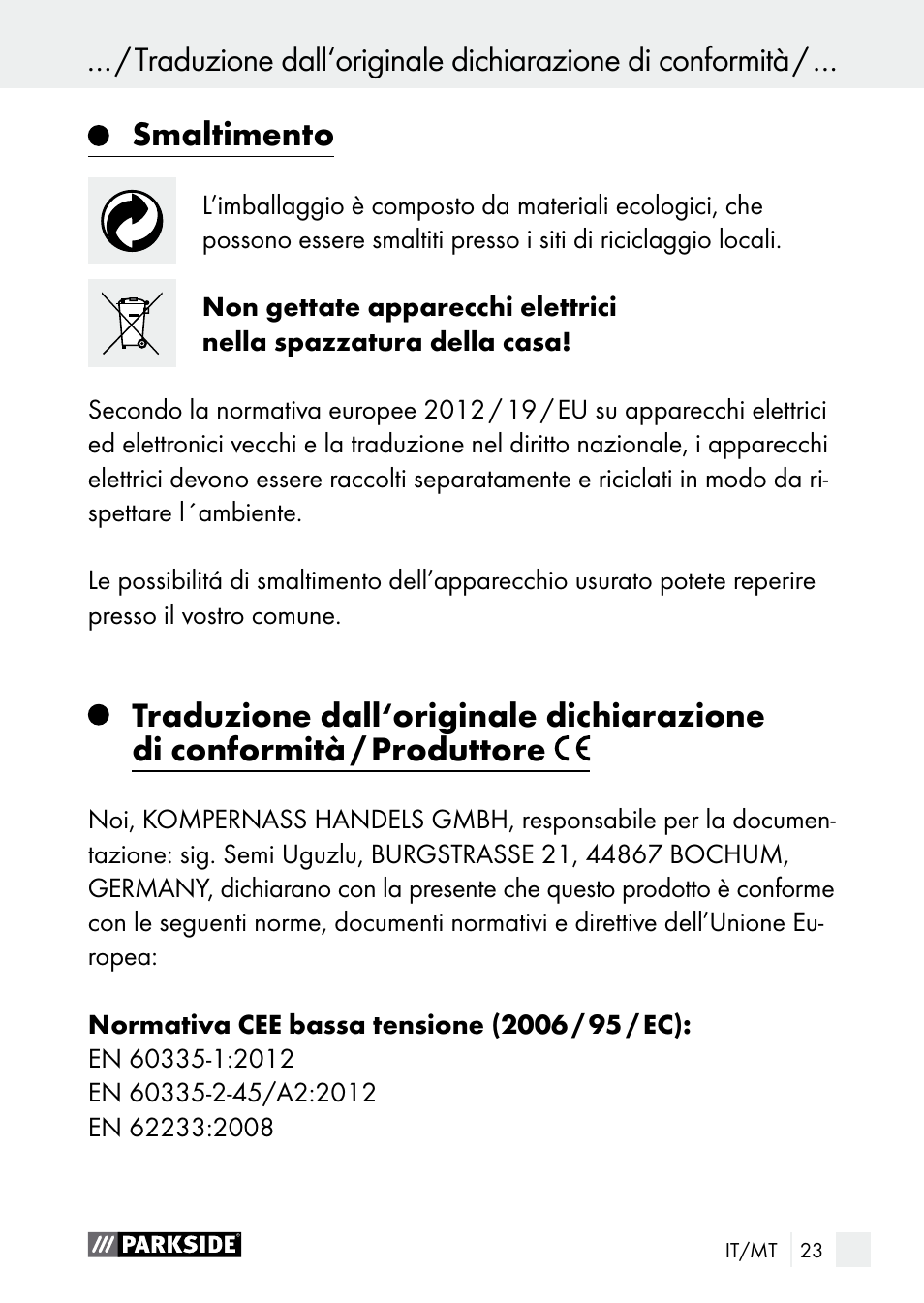 Smaltimento | Parkside PNKP 105 A1 User Manual | Page 23 / 56