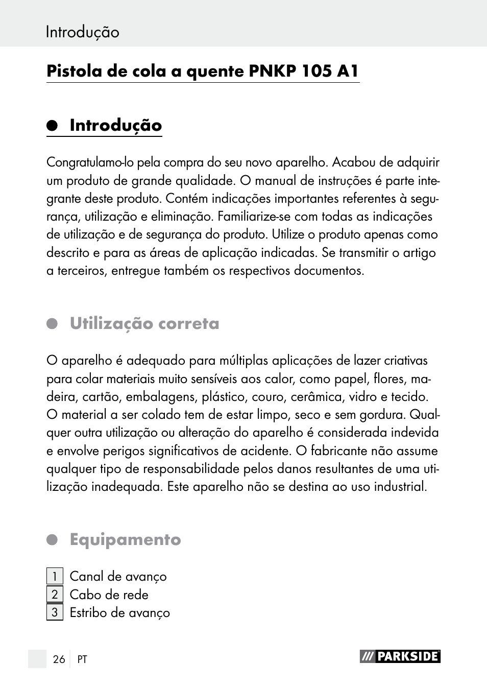 Utilização correta, Equipamento | Parkside PNKP 105 A1 User Manual | Page 26 / 56