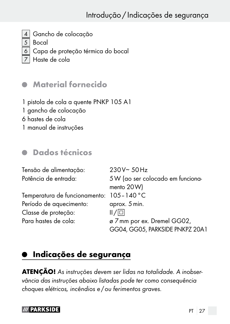 Introdução / indicações de segurança introdução, Material fornecido, Dados técnicos | Indicações de segurança | Parkside PNKP 105 A1 User Manual | Page 27 / 56