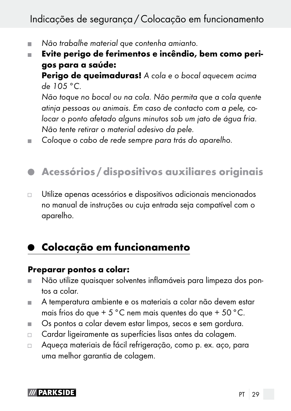 Acessórios / dispositivos auxiliares originais, Colocação em funcionamento | Parkside PNKP 105 A1 User Manual | Page 29 / 56