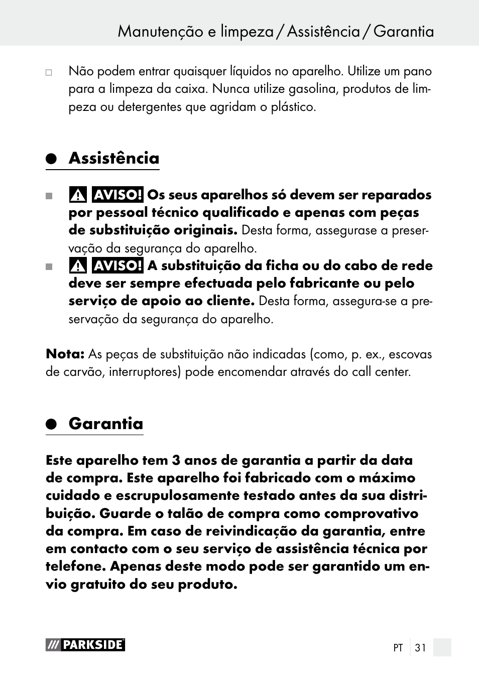 Assistência, Garantia | Parkside PNKP 105 A1 User Manual | Page 31 / 56