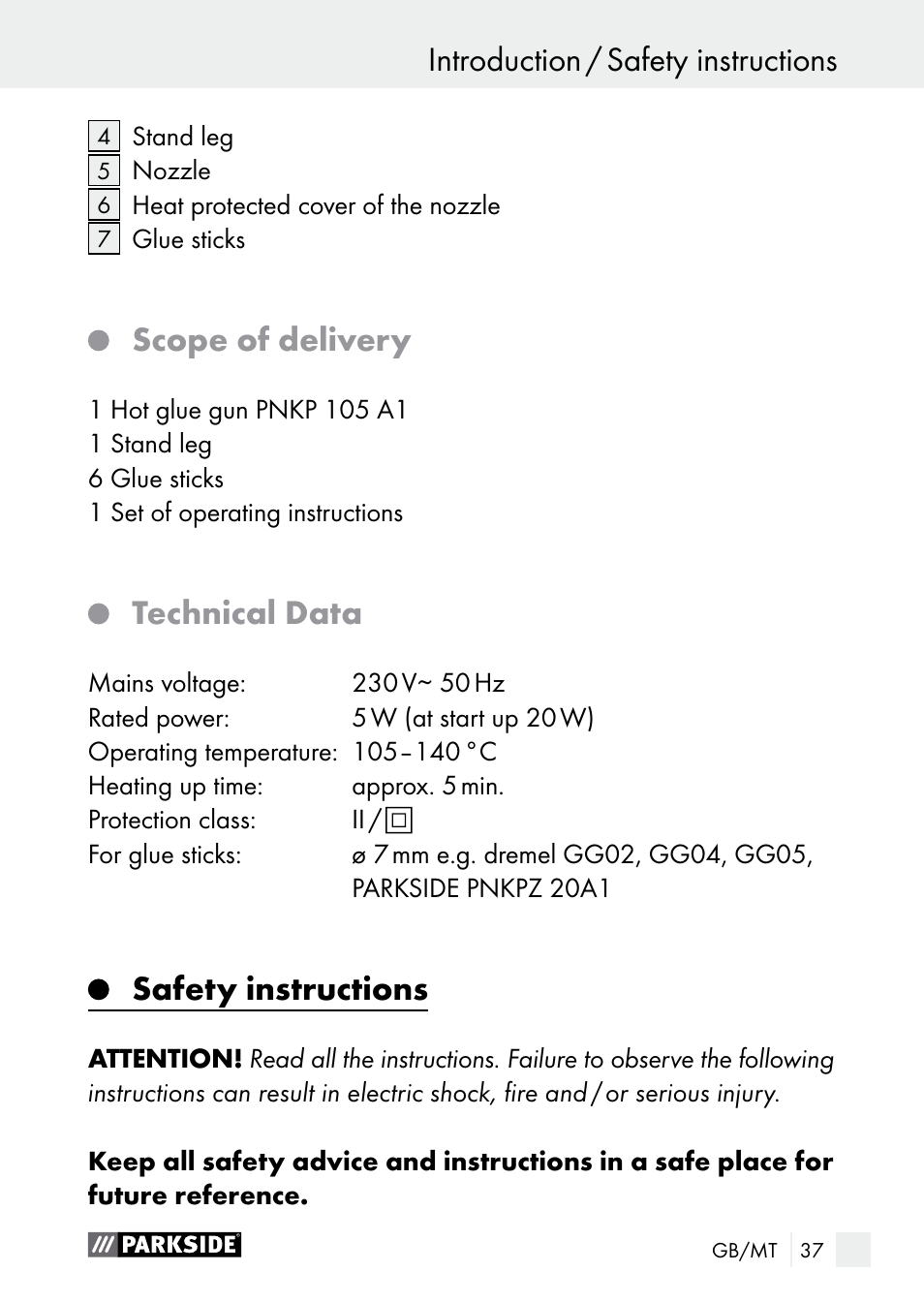 Introduction introduction / safety instructions, Scope of delivery, Technical data | Safety instructions | Parkside PNKP 105 A1 User Manual | Page 37 / 56