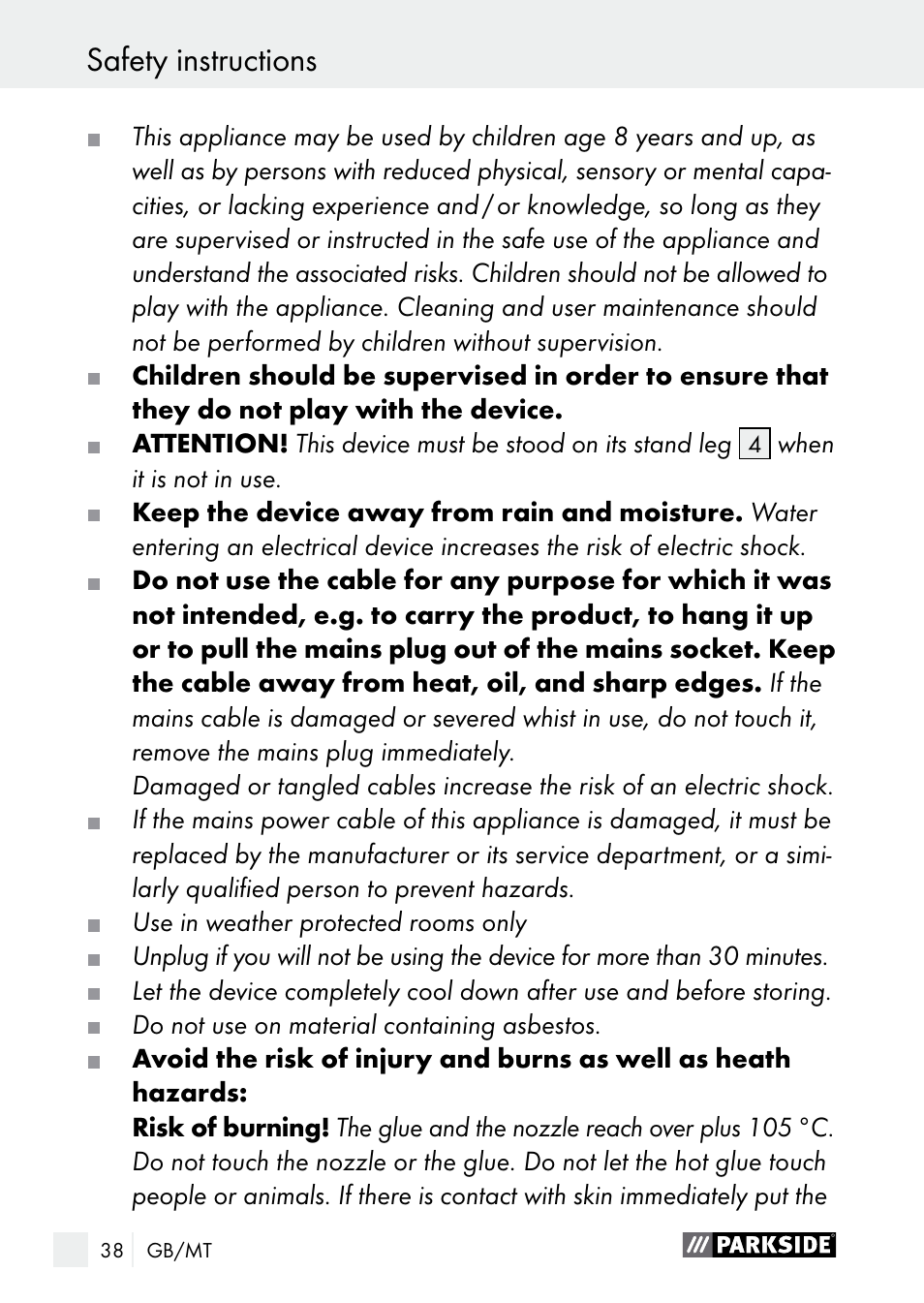 Safety instructions / start-up safety instructions | Parkside PNKP 105 A1 User Manual | Page 38 / 56