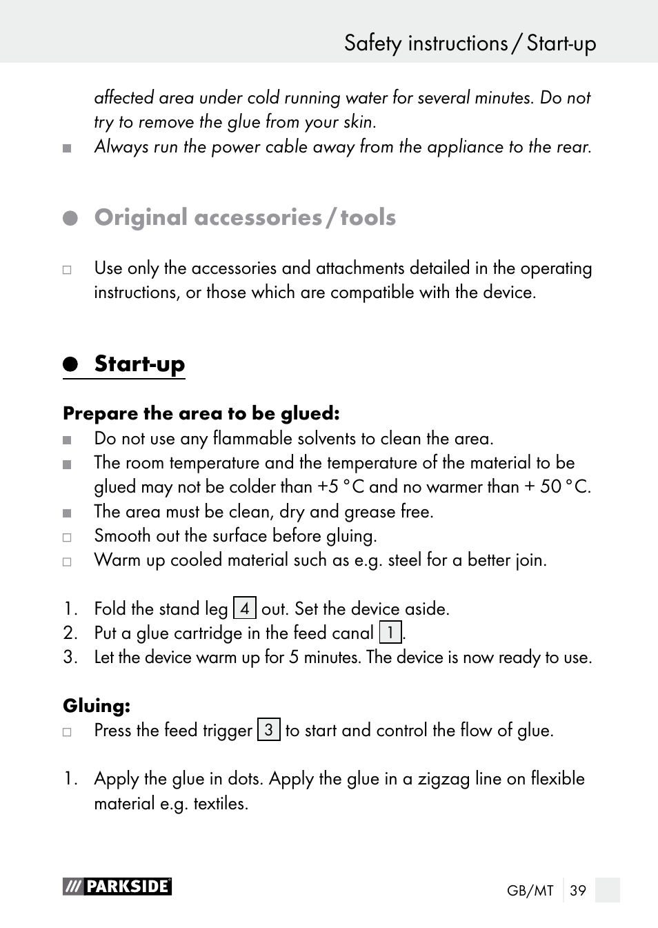 Original accessories / tools, Start-up, Safety instructions / start-up safety instructions | Parkside PNKP 105 A1 User Manual | Page 39 / 56