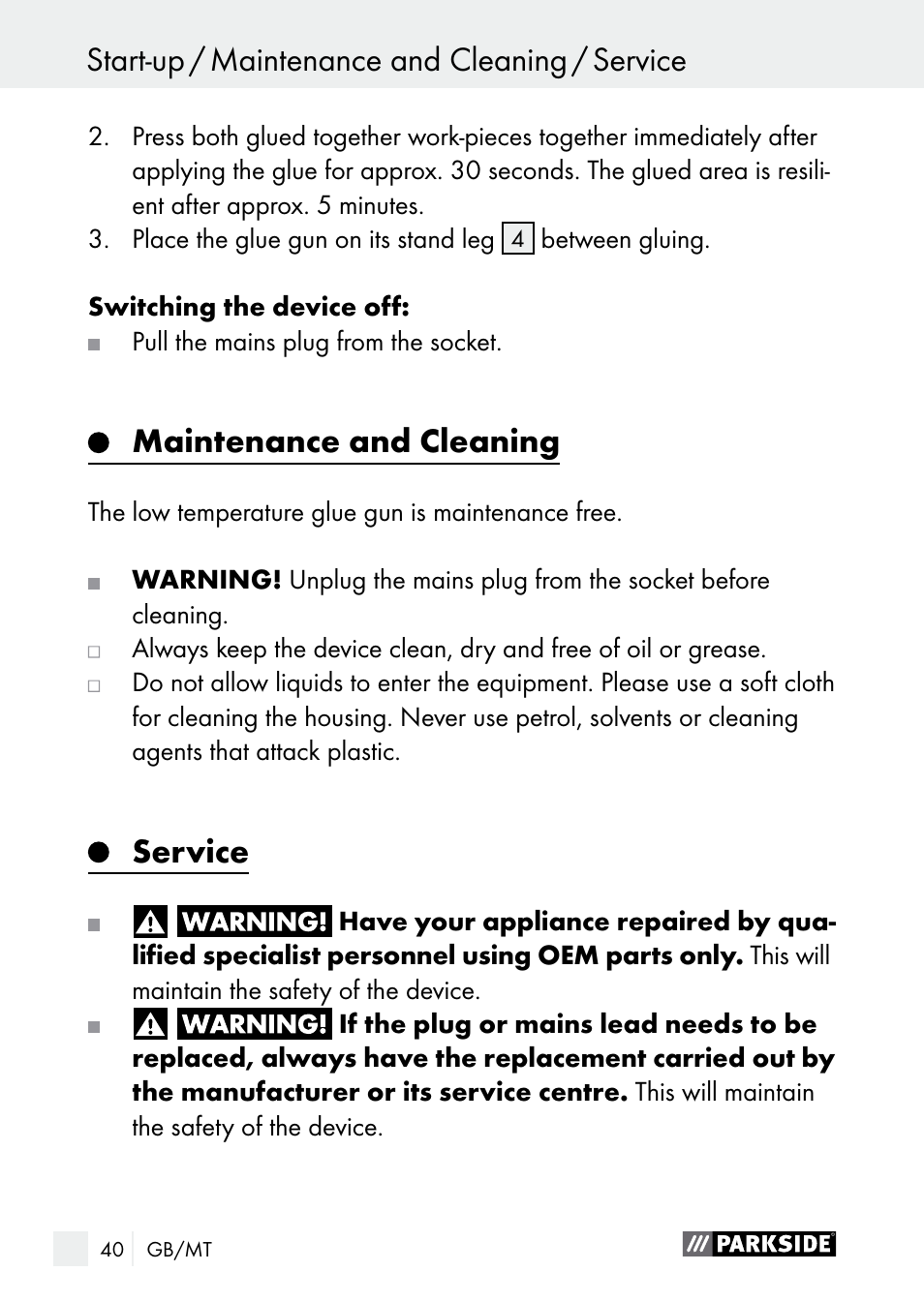 Maintenance and cleaning, Service | Parkside PNKP 105 A1 User Manual | Page 40 / 56