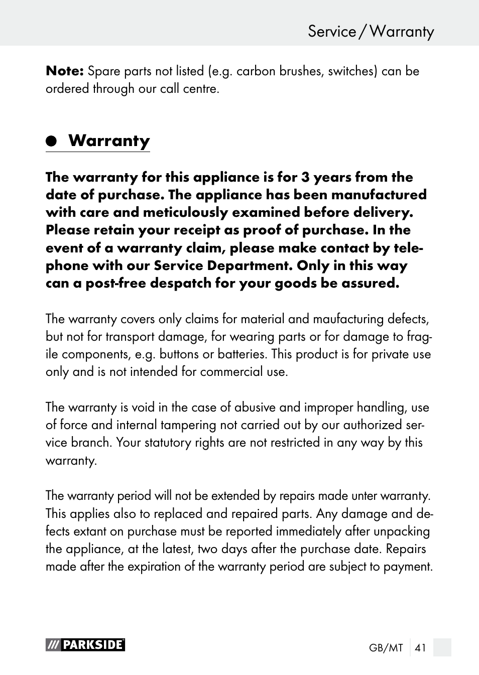 Warranty | Parkside PNKP 105 A1 User Manual | Page 41 / 56