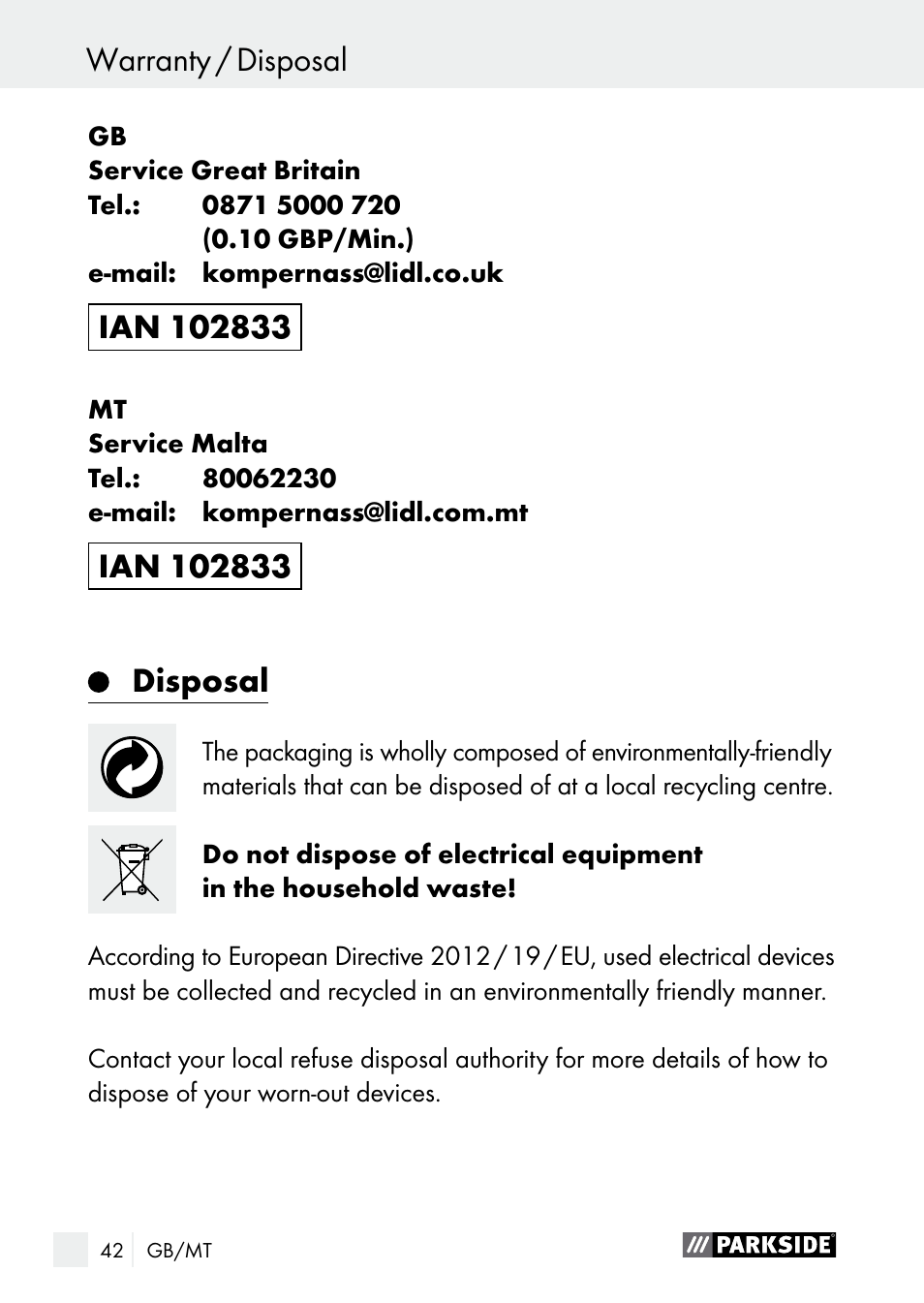 Disposal | Parkside PNKP 105 A1 User Manual | Page 42 / 56