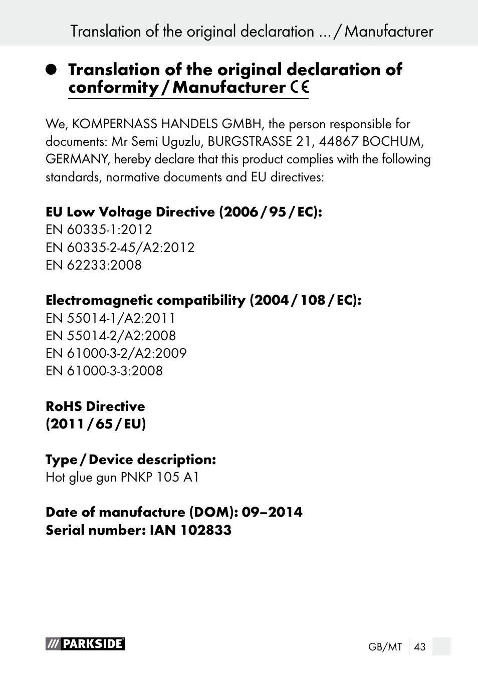 Parkside PNKP 105 A1 User Manual | Page 43 / 56