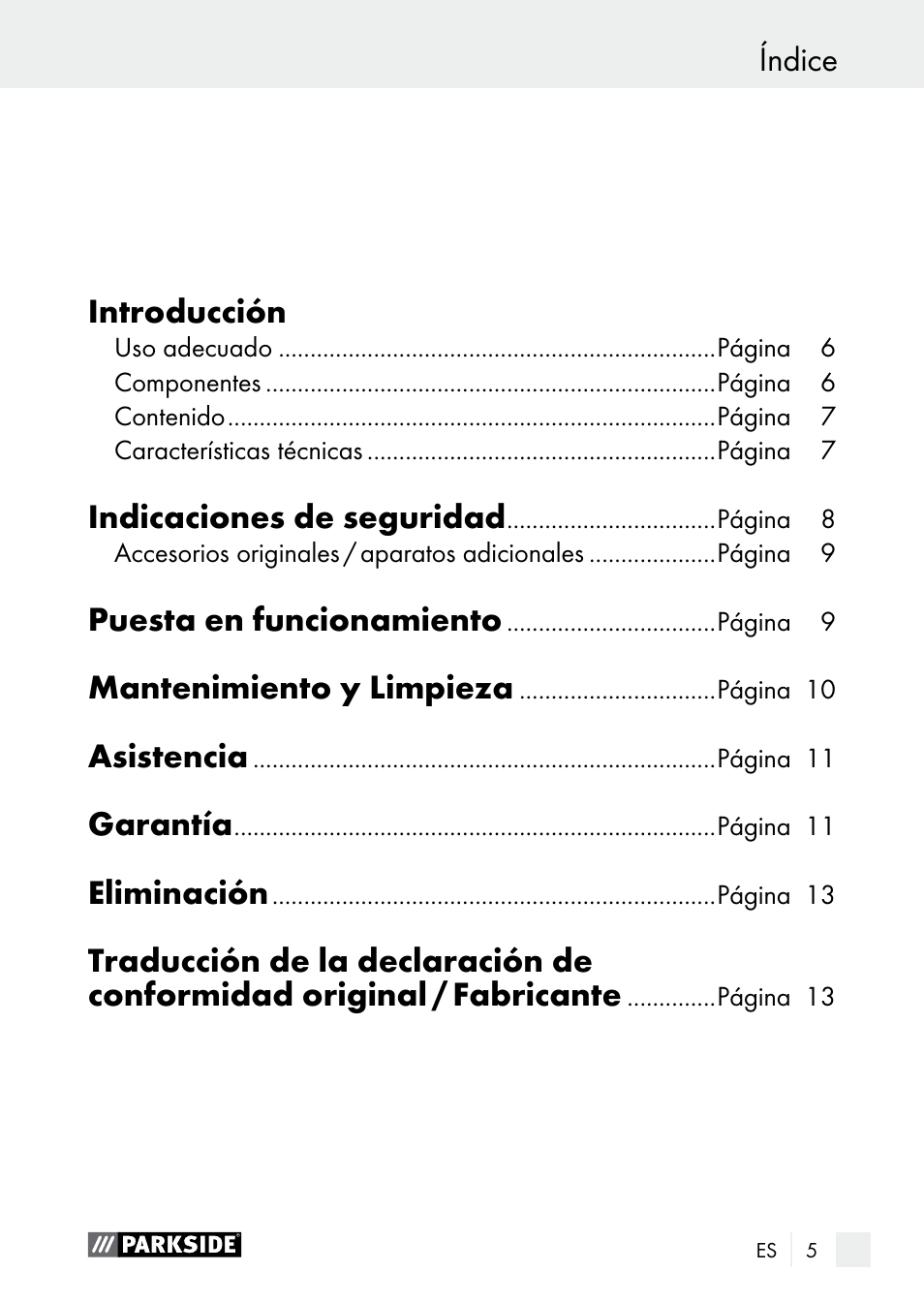 Índice introducción, Indicaciones de seguridad, Puesta en funcionamiento | Mantenimiento y limpieza, Asistencia, Garantía, Eliminación | Parkside PNKP 105 A1 User Manual | Page 5 / 56