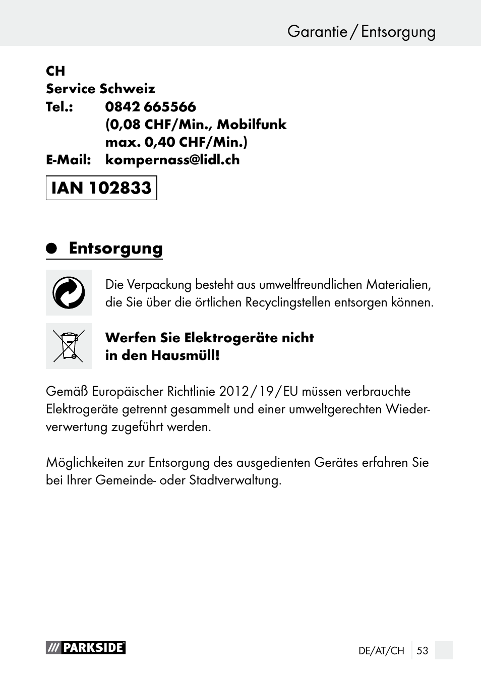 Entsorgung, Garantie / entsorgung garantie | Parkside PNKP 105 A1 User Manual | Page 53 / 56