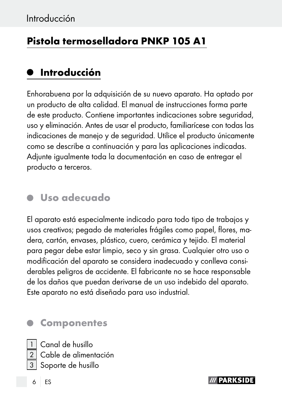 Introducción, Uso adecuado, Componentes | Parkside PNKP 105 A1 User Manual | Page 6 / 56