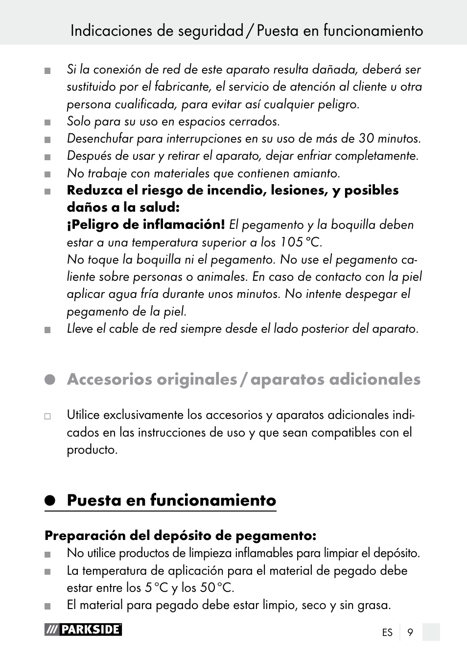 Accesorios originales / aparatos adicionales, Puesta en funcionamiento, Indicaciones de seguridad | Parkside PNKP 105 A1 User Manual | Page 9 / 56