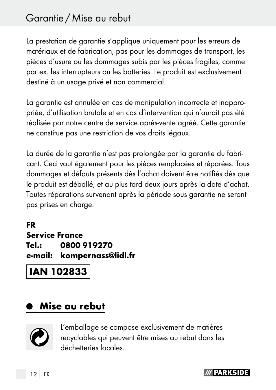 Mise au rebut | Parkside PNKP 105 A1 User Manual | Page 12 / 36