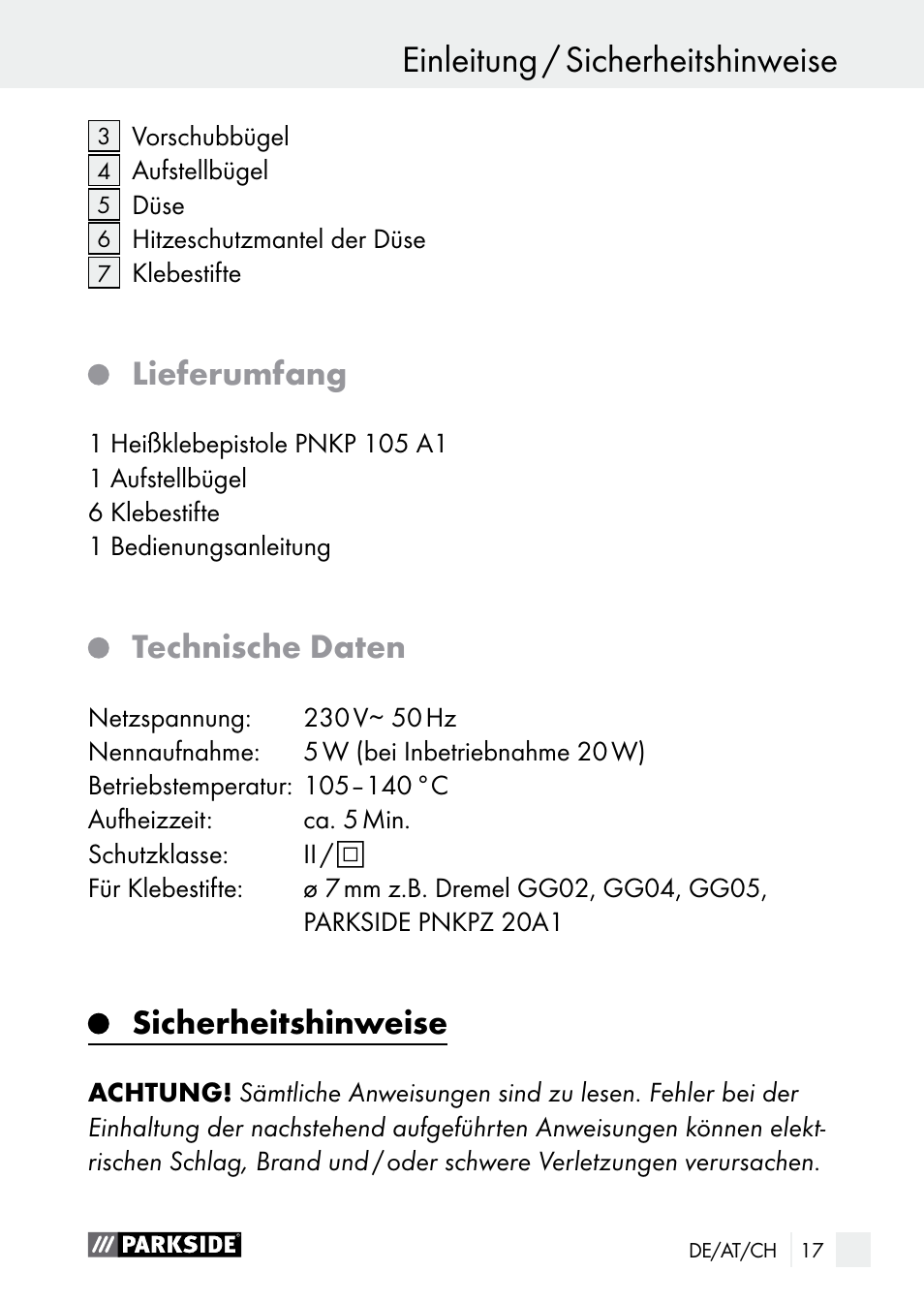 Einleitung / sicherheitshinweise einleitung, Lieferumfang, Technische daten | Sicherheitshinweise | Parkside PNKP 105 A1 User Manual | Page 17 / 36