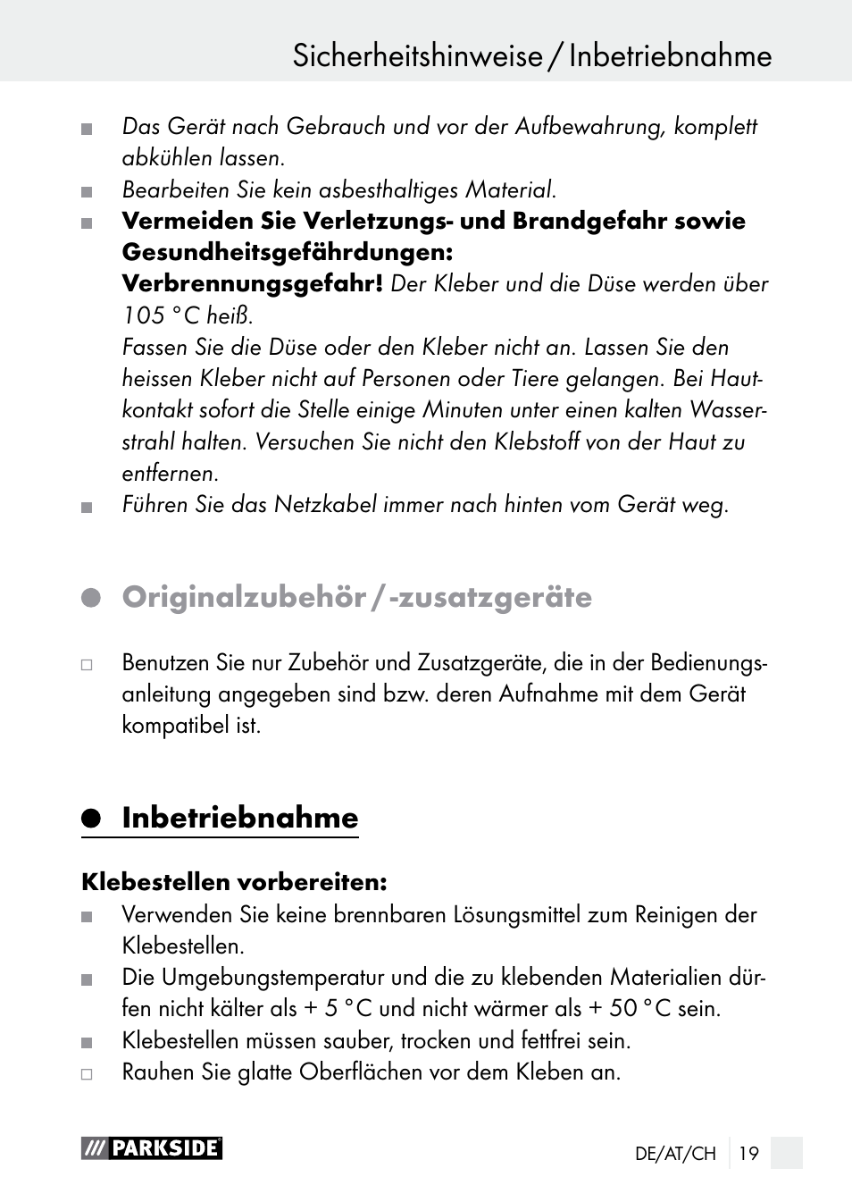 Originalzubehör / -zusatzgeräte, Inbetriebnahme | Parkside PNKP 105 A1 User Manual | Page 19 / 36