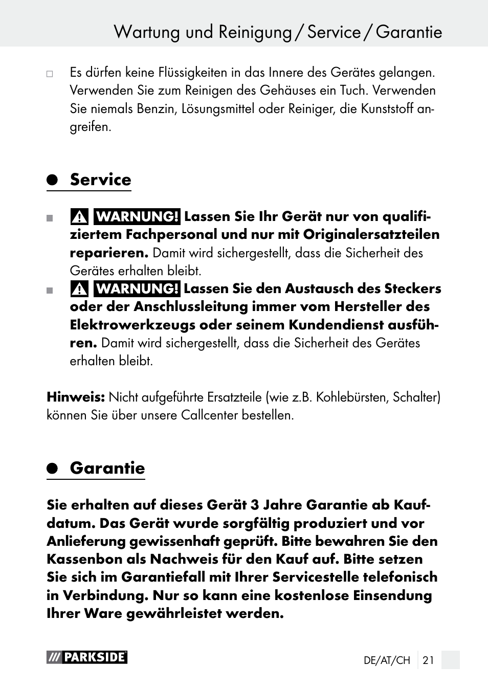 Service, Garantie | Parkside PNKP 105 A1 User Manual | Page 21 / 36