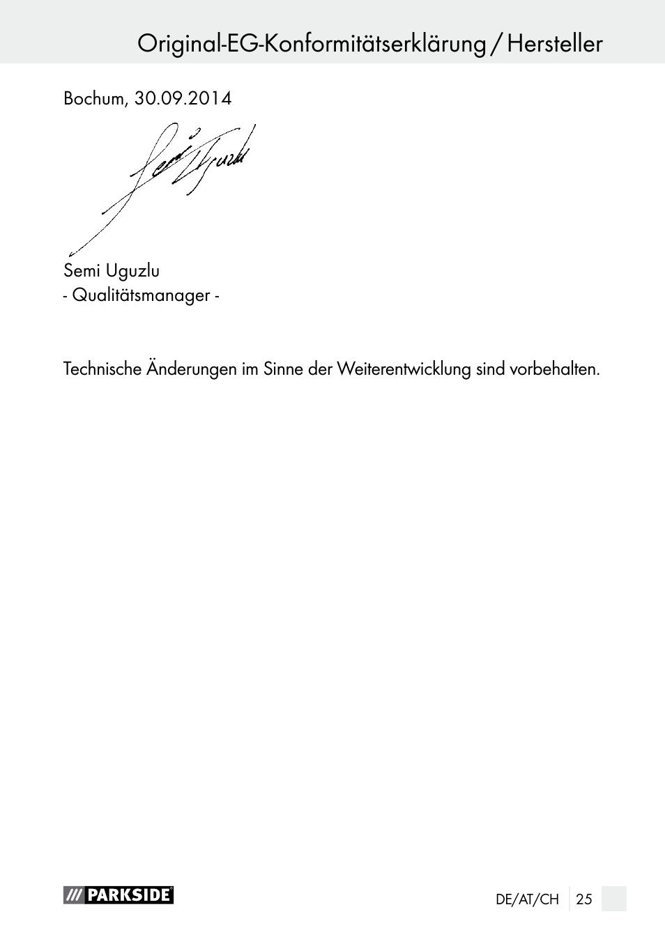 Original-eg-konformitätserklärung / hersteller | Parkside PNKP 105 A1 User Manual | Page 25 / 36