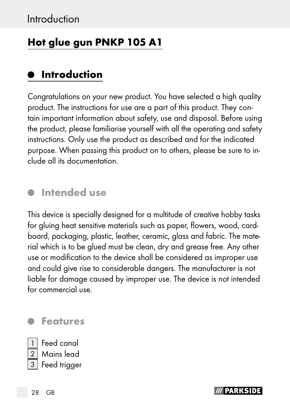 Introduction / safety instructions introduction, Hot glue gun pnkp 105 a1, Introduction | Intended use, Features | Parkside PNKP 105 A1 User Manual | Page 28 / 36